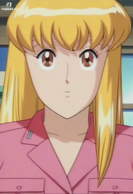 masterpiece, best quality, , anime screencap, anime coloring, official style,uncensored,1girl, solo, (kochikame, akimoto reiko, huge breasts, blonde hair, pink suit),