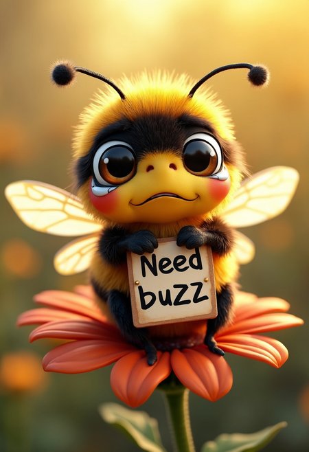 A cute pixar-style bumble bee that is sitting on a flower and holding up a little sign that says "Need buzz".  The bumble bee is very stylized and looks like it is very sad and crying
