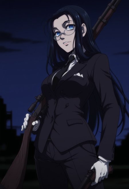 1girl,solo,rvw,long hair,blue eyes,black hair,glasses,freckles,breasts,anime coloring,
formal, suit,holing,gun,cowboy shot, pants,looking at viewer, sniper,night,outdoors
,masterpiece,best quality,amazing quality,<lora:Rip_Van_Winkle-Hellsing:0.8>