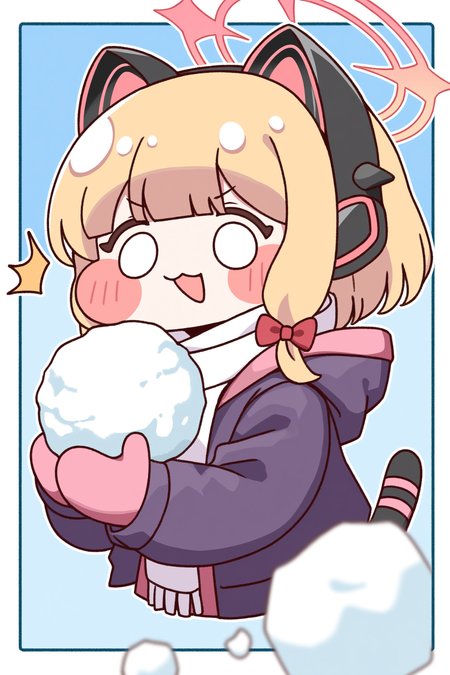 (trickcalcg, trickcal, chibi, chibi only:1.3), blush, blush stickers, original, 
blue archive, momoi \(blue archive\), 1girl, :3, animal ear headphones, animal ears, blank eyes, blonde hair, blue background, blunt bangs, border, bow, cat ear headphones, cat tail, fake animal ears, hair bow, halo, headphones, holding, holding snowball, hood, hood down, hooded jacket, jacket, long sidelocks, long sleeves, mittens, o o, open mouth, pink halo, pink mittens, purple jacket, red bow, scarf, sidelocks, simple background, smile, snowball, snowball fight, solo, surprised, tail, upper body, white border, white scarf, 
(masterpiece, best quality, absurdres, highres, newest, very awa:1.2), 