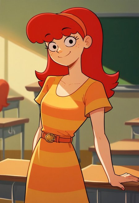 score_9, score_8_up, score_7_up, 1girl, solo, beag, red hair, freckles, hairband, dress, striped, belt, looking at viewer, smile, cowboy shot, indoors, classroom