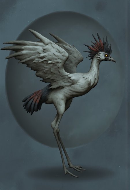 aidmaMJ6.1, Made out of paper, a PaperStyle , d4artstyle, d4concept, , d00mstyle, made of clay, ZBClay model of a gray sculpture
A majestic bird resembling a crane, with elegant and slender features. Its plumage is a blend of soft greys and whites, with darker feathers adorning its wings and tail, giving a striking contrast. The head is crowned with a distinctive crest of spiky black and red feathers, adding a regal and fierce appearance. The bird's eyes are sharp and alert, glowing with a golden hue that conveys intelligence. It stands on long, thin legs that appear delicate yet sturdy, ending in pointed claws. The beak is long and narrow, perfect for striking or probing. The overall design emphasizes both grace and wildness, evoking a sense of ancient nobility in the creature's form.
Background solid color with a faded dimly lit, fog-covered darkness tone that emphasizes its silhouette. 
 The medium is not a traditional painting or illustrative medium like watercolor or ink but rather a digital rendering, eerie and unsettling.