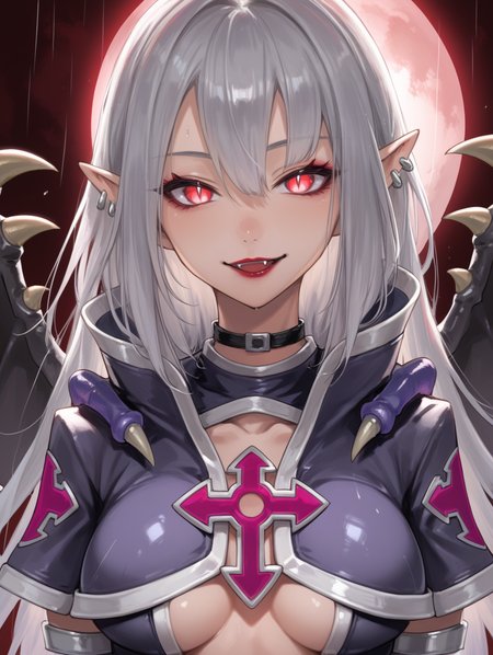 (score_9:0.9),score_8_up,score_7_up,rating_safe,(zPDXL3),(zPDXL),
masterpiece,intricate details,anime,4k,best quality,anime style,<lora:Vampire vamp PonyXL v1.1:0.75>,
vampire vamp,1girl,solo,smile,looking at viewer,fang,ear piercing,upper body,dark-skinned female,medium breasts,lipstick,open mouth,collarbone,black choker,underboob,silver armlet,purple leotard,bat wings,purple capelet,red moon,rain,glowing eyes,slit pupils,