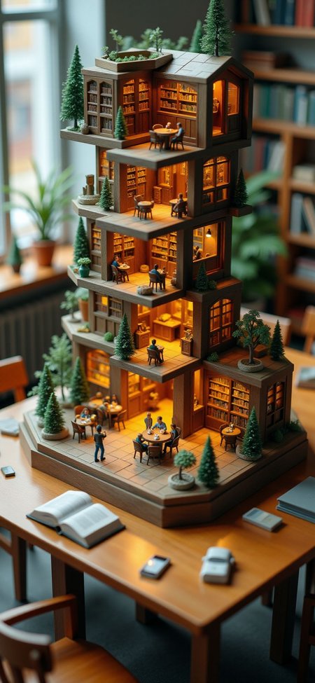 (indoors,indoor,isometric view,side view,tilt-shift lens:2), (fna_style,miniature,miniature,diorama,miniature,diorama,PVC,plastic:2),sunset,winter giant (multi layers of library with cafe hexagonal vertical:2.5) is located center, people, (in wooden square plate:3) (on table at study:3) <lora:Fantasy_Novel_Art_Style:1> <lora:Rostpunk:0.3>