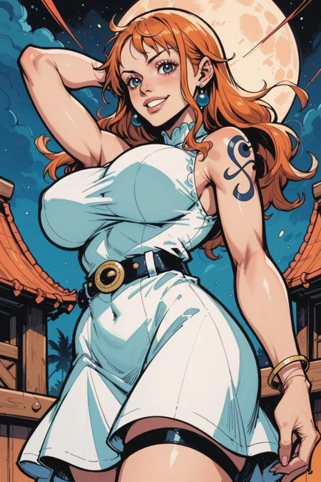 1girl, dress, jewelry, breasts, solo, orange hair, moon, long hair, bracelet, earrings, white dress, tattoo, large breasts, full moon, belt, night, sky, smile, from below, night sky, sleeveless, thigh strap, shoulder tattoo, lips, looking at viewer, sleeveless dress, black belt, blue eyes, parted lips, arm up, bare shoulders, cowboy shot, nami (one piece), zPDXL3,  PnyCmicXLPOS, detailxl,