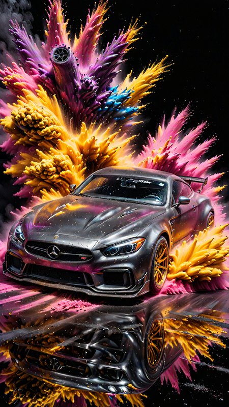 <lora:Any_Car_Detailer_-_By_DICE:0.65>  racing through LIQUID METAL, liquid metal sprays up from the cars tyres, Car drifting in a black void , UHD, Colorful Powder Explosion
