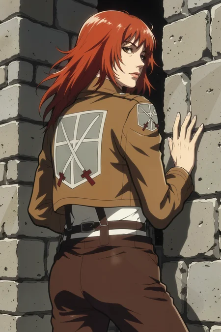 a red haired woman wearing light brown aotjck short jacket turned back with with two swords painted on the back, standing against a stone city wall,detailed background<lora:AOT_JACKET_FLUX>, <lora:Dorota_Pietrowiak:0.3> Portrait by Dorota Pietrowiak <lora:Comic book V2:0.8> High-contrast illustration