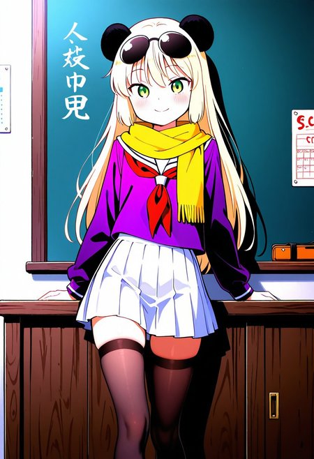 smasterpiece, best quality, amazing quality, score_9, score_8_up, score_7_up, score_6_up, score_5_up, score_4_up,
solo, panda girl, long hair, blonde hair, black panda ears, black ears, flat chest (green eyes: 1.1),
 serafuku, Skirt, School uniform, Pleated skirt, Serafuku, White skirt, Shirt, Purple shirt, Sailor collar, White Sailor collar, Long sleeves, Yellow Scarf, Knee-high stockings,
 smile, standing