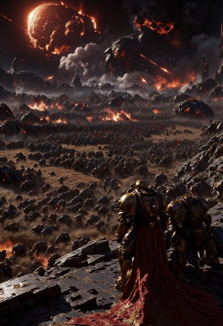 A loyal space marine clad in black and red space marine armor, stands on a cliff overlooking a large battle scene between space marines and tyranids. In his right hand hes holding a bolt gun with smoke rising from its barrel. The battlefield below is raging, with thousands of space marines and fighting of swarms of tyranids, there are several explosions on the battlefield. An eerie red glow coming from the horizon as if the sun is bleeding into the sky. The style is dark fantasy, with a haunting, war-torn atmosphere.    <lora:dark_fantasy_flux:0.83> <lora:FredFraiStyle-FLUX-Share:0.63> <lora:sxz-Dark-Fantasy-v2-Flux:0.33> drkfnts style, <lora:flux.1_lora_flyway_Epic-Characters_v1:0.43>