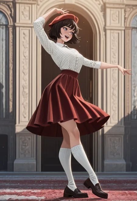masterpiece, best quality, amazing quality, 1girl, <lora:sophie_illustrious_byJaneB:1>, s0phiee33,
white polka dot shirt, red beret, red skirt, dancing, paris,   <lora:afkArenaIllustrious:1> afkArenaStyle, white socks, penny loafers