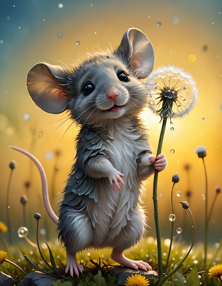 hyper detailed, reALIstic, masterpiece, tiny adorable mouse, holding fluffy dandelion, sunset lighting, bokeh
