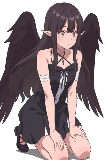 Smooth Quality,masterpiece,very intricate, high quality details, ultra realistic, high detailed skin,detailed enviorement,absurdres,
simple background, white background,
dynamic angle,surprised,kneeling, hands on thighs, head slightly tilted, neutral expression, focused gaze,  ,
 <lora:Reese_evecnn:0.8>evecnn,1girl, long hair, black hair, red eyes, pointy ears, bangs, black dress, sleeveless dress, halterneck, criss-cross halter, choker, shoes, black footwear, black wings, feathered wings, bandages,