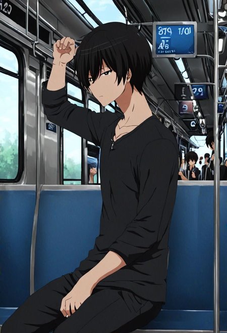 high resolution, solo, best quality, 1Boy, Kanie Seiya, Black Hair, train, inside train, OverallDetail
