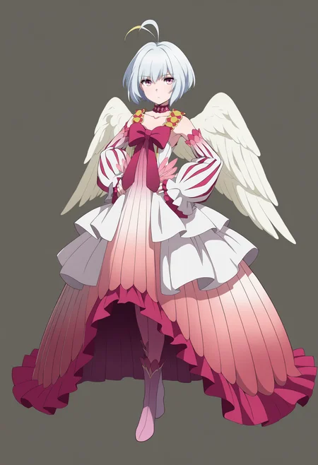 masterpiece, best quality, very aesthetic, absurdres,
1girl, fitoria, ahoge, white hair, pink eyes, short hair,
angel wings, feathered wings,
bow, choker, detached sleeves, dress, frills, long sleeves, puffy sleeves, boots,
hands on hips, full body, solo, looking at viewer, simple background, solid grey background  <lora:FitoriaIllustriousXL_byKonan:1>