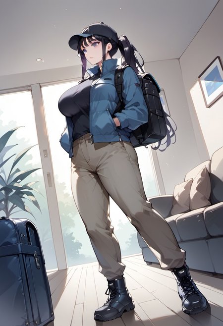 score_9, score_8_up, score_7_up, score_6_up, 1girl, source_anime, 
1girl, Hina,
haircut bangs, large breasts, cap on head, parka jacket, khaki pants, backpack, hiking boots
Indoors, living room,
Dutch angle,