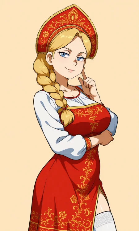 Jcm2, mature woman, blond, blue eyes, single braid, White shirt, sarafan, kokoshnik_headdress, rusdress, smile, simple background, looking at viewer, large breasts, white thighhighs, index finger on cheek, posing, crossed arm, 