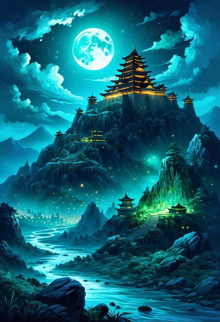 (by Ellen Jewett:1.5), (Bioluminescent Impressionism, alien mountain landscape , The Dreamland, A captivating night scene illustration featuring a Korean castle base on a great  great mountain. The great castle stands proudly on the great great mountain.  This enchanting artwork captures a dark but comforting night, where a brilliant moon hangs above and over the  great valley  and great Korean castle in Korea which  stands resolute amidst the great mountains, creating a cinematic experience., space_backround, illustration, cinematic
<lora:DonM3t3rn1tyXL-v1.1:0.7>, DonM3t3rn1tyXL,
OverallDetailXL  <lora:MJ52:0.3>  <lora:SDXLFaeTastic2400:0.4>  <lora:EpicF4nta5yXL:0.7>.  great beams of light shooting up into the sky,  sky sunset, sunrise ,waterfall, ethereal landscapes, depth of field, biotech emotion:1.3) <lora:xl_more_art-full_v1:0.5> <lora:add-detail-xl:1> <lora:RMSDXL_Creative:2>
