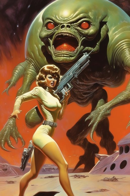 <lora:Richard Hescox Style:1>Richard Hescox Style - full portrait view of tantilizing and beautiful futuristic space maiden wearing shiny bodysuit and holding a rifle pistol with a horrified and shocked look on her face, she is running from a giant glowing creature with a fluidous bulbous eye, in the background of a dark wet alien dungeon, by Adam hughes, by bill ward, wide angle, super high angle, view from above, birds eye view, background glow, dynamic lighting, wet, greasy, green backlit,