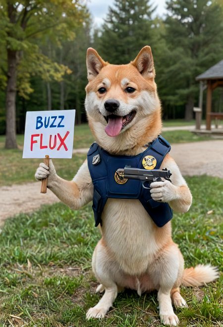 Doge smiling and pointing a Colt 1911 and holding a sign that says "BUZZ 4 FLUX", outside   <lora:add-detail-xl:1>