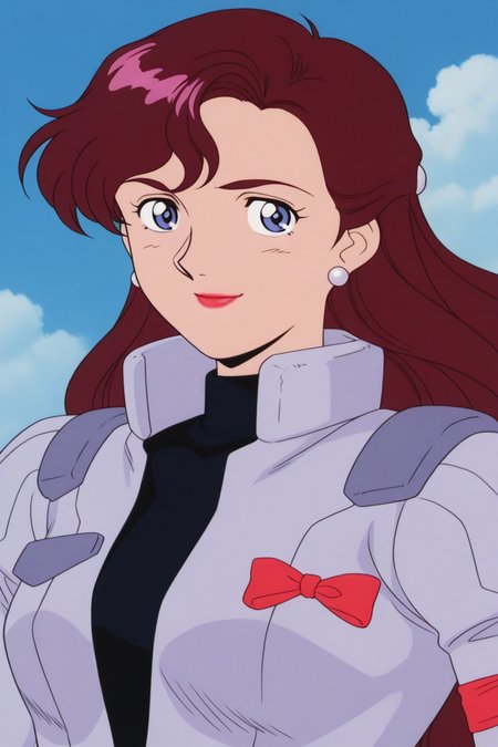 masterpiece, best quality, source_anime,official art,perfect_anatomy,1990s_\(style\),retro_artstyle, junko jenko,1girl,earrings,lipstick,blue eyes,brown hair,pilot suit,(beautiful detailed face,looking_at_viewer,smile),upper body,day,blue_sky,cloud