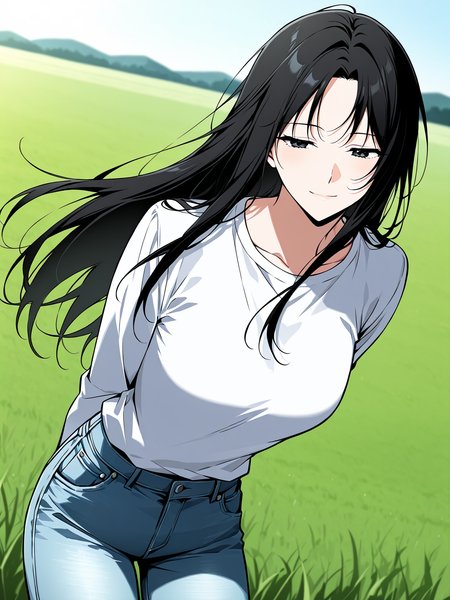 <lora:Omniscient_Readers_Viewpoint__Jung_Heewon:1>
1 girl, solo, black hair, long hair, black eyes, straight hair, loose hair, 
white shirt, light blue jeans,
score_9, score_8_up, score_7_up, very aesthetic, source_anime, detailed, high quality, beautiful, masterpiece, detailed eyes, field, blurry background, pose dynamic angle, upper body, cowboy shot, light smile, floating hair, half-closed eyes, hands behind back, leaning forward, looking forward, looking at viewer
