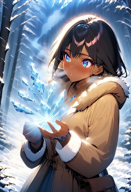 gorgeous lips, cinematic, (masterpiece), (best quality), (ultra-detailed), very aesthetic, illustration, perfect composition, intricate details, absurdres, detailed face, (anime, masterpiece, intricate:1.3), (best quality, hires textures, high detail:1.2)
1girl, brown skin, tan skin, very long black hair, perfecteyes, bright blue eyes, wearing a brown Himalayan style fur lined parka,fur lined mittens, black boots, upper body shot,  from the side, dark night time, snow, blizzard weather, closeup, glowing blue eyes, breath fog, magic breath, icy forest background, Close-up on face,  icy wind, snow and ice on clothes, cold lighting, blue lighting. Emphasis on cold, magic theme, invoking, dolly shot, high angle,from the front, casting a spell, FlshfrGR, casting ice magic forward, from the side