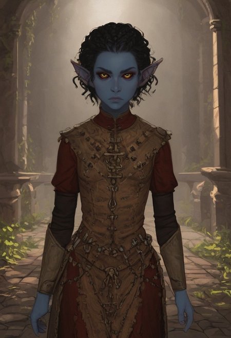 safe_pos, solo, short pointy ears, piercings, random elf face, aquiline features, androgenous dark elf, weathered skin, large nose, athletic build,  animated realism, zoomed out, Syrian features, torso, brass pipes and gears, intricate architecture, dwarven masonry, dwemer fixtures, white-green light, gloomy lighting, ancient ruins, interior, stone tiled floor, grey-blue skin, mahogany and ivory clothes, medium armor, bone plate armor, ivory straps and fittings, alien bone ornaments, grey wood neckguard, dark red sclera, black pupils, distant mushroom forest, blue-green light, neon, highly detailed, defined features, looking at viewer, three quarters view, from front, dynamic lighting, 18 years old, light and shadows, patterned cloth, annoyed expression, expressive eyes, detailed medieval clothes, small_breasts, short hair, wavy hair, thick hair, beaded hair, braided hair, under cut hair, semirealistic, alien elf, spanish features, jewish features, black hair, dark red hair, umber skin, sharp features, pastel green berber print cloak, nighttime, high detail, absurdres, pretty eyes, detailed eyes, yellow eyes,