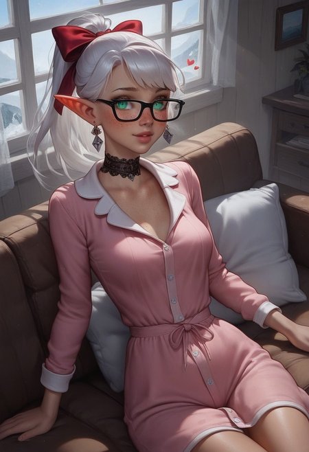 score_9, score_8_up, score_7_up, score_6_up, score_5_up, score_4_up, (hyperdetailed photography:1.5),( soft lighting:1.5), (bright lighting:1.5), (flat lighting), perfect face, 1girl,(floating hearts:2), (cowboy shot), (detailed background), detailed face, high angle pov, BREAK, 
(2girls), (multiple girls:1.5), sisters, (glowing green eyes:1.5), bright eyes, (platinum hair:1.6), (high wavy ponytail:2), (hair ribbon:2), (asymmetrical bangs), (feathered bangs:1.7), wavy hair, (freckles:2.2),( elf ears:1.5),( elf girl:1.5), (french girl), (steamy breath:2), (blushing:1.4), (very pale skin), (happy:1.5), (yandere), (loving expression), (hourglass figure), (wide hips), small waist, slender, petite, BREAK, (lace choker:1.5), (rectangular glasses:1.6),(diamond earrings:1.5), (pajamas:1.5), (pajama dress:1.5), lip gloss, BREAK, 
(laying down on couch:1.5), laying down, reading book, 
Indoors, living room, (log cabin), window, snowy landscape in window, beautiful curtains, cherry blossoms, , daytime, (beautiful sky:1.5), (colorful sky:1.5), (sunny day:1.5), (modern cabin:1.5),