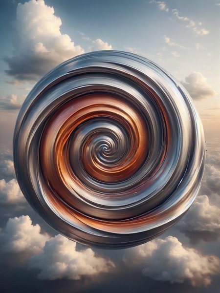 A swirling vortex of clouds, their wispy forms crafted from swirling ribbons of ais-steelz, reflecting the colors of a vibrant sunset <lora:Brushed_Steel_Style_SDXL:1>