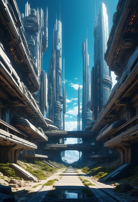 Beautiful architectural ruins of a desolated majestic futuristic technologically advanced cyberpunk scientist civilization in space, split into Nine Sections, each section is done by a different artist, Hyper detailed digital matte painting, beautiful landscape concept art, hyperrealism, 16k resolution, Cinema 4D, 8k resolution, trending on artstation, behance HD, a masterpiece, illustration render cinema octane x-particle HDR DLSR detailed sophisticated 16k Behance HD, Epic 3D Videogame Graphics, Intricately Detailed, refined, defined, follow negative prompts