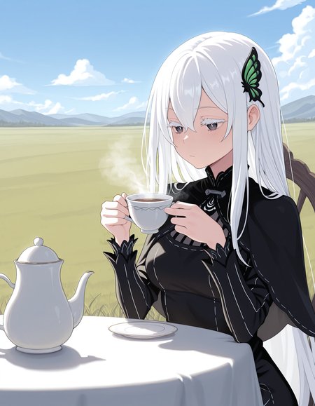 <lora:Echidna_1:1>ech1dna, colored eyelashes, hair between eyes, white hair,
echidn4dress, black dress, vertical-striped dress, capelet, long sleeves, butterfly hair ornament, 
sitting, table, holding teacup, steam, teapot, 
blue sky, field, clouds, grass,, masterpiece, best quality, amazing quality