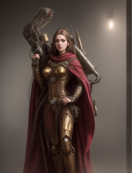 Ultra-realistic 8k CG, masterpiece, best quality, (very detailed face),masterpiece, best quality, 1girl, 20 years old, woman, colorful, (full body, wide shot),  <lora:more_details:0.8>  <lora:techpriest:0.8> mechanical arms, steampunk, hood, robe, techpriest, forgeworld, adeptus mechanicus,
