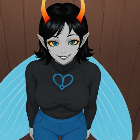 score_9, score_8_up, score_7_up, HD, best quality, masterpiece, solo, 1girl, Muscah, black hair, horns, antennae horns, pointy ears, makeup, coloured skin, grey skin, coloured sclera, yellow sclera, blue eyes, insect wings, large breast, black sweater, black turtleneck symbol on sweater, fly \(symbol\), blue pants, tight pants, smile, siting, high angle view, indoors, bar