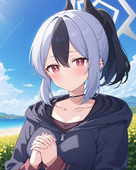 kayoko \(blue archive\),1girl, solo, horns, looking_at_viewer, ponytail, outdoors, upper_body, halo, long_sleeves, black_choker, blush, own_hands_together, hoodie, ear_piercing, day, jacket, parted_lips, blue_sky, collarbone, bright_pupils, shirt
<lora:kayoko_(blue_archive)_image350_batch3_v1-000045:1>,halo,. gorgeous,key visual, vibrant, studio anime,award-winning, professional, highly detailed,high budget, cinemascope
