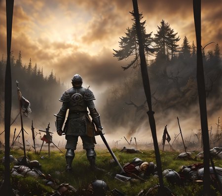 RAW photo, (masterpiece:1.3), subsurface scattering, heavy shadow, (high quality:1.4), (intricate, high detail:1.2), professional photography, HDR, High Dynamic Range, realistic, ultra realistic, photorealistic, high resolution, film photography, ambient lighting, atmospheric effects, <lora:detail_slider_v4:2>, OverallDetail, <lora:Battlefield:1>, armor, army, bare tree, battlefield, cloudy sky, flag, from behind, grass, holding, letterboxed, outdoors, scenery, shield, sky, solo, spear, standing, war, weapon, epiCPhoto