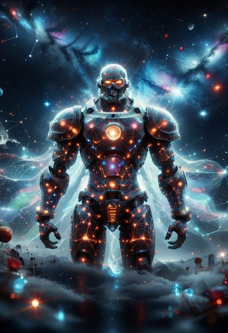 Closeup of a evil robot in space, starry_morph, backlight, glow, sparkle,  black background, bokeh, looking at viewer , depth of field, masterpiece, colorful, vibrant, dynamic angle, dynamic pose, dramatic light, highly detailed,  score_9, score_8_up, score_7_up,PG
