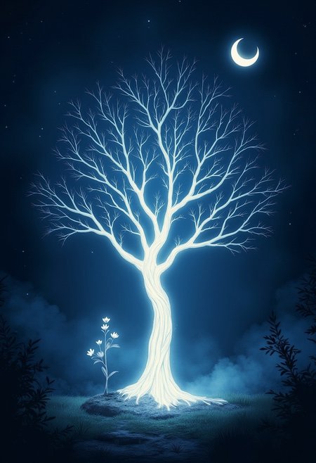 A digital painting of a fantasy scene with an enchanted glowing tree. The tree is in a serene setting with a crescent moon and a dark forest background. There is a new sprout growing under the tree. The tree emits a soft light and has a misty low-lying fog around it. The background is dark and filled with a dark forest. The overall image has a high detail rendering and a deep blue and white color scheme. The style is influenced by Greg Rutkowski and Alphonse Mucha, ultra quality, 8k, best quality, masterpiece, midjourneyv6.1