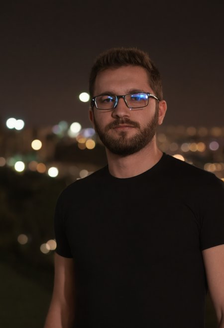 nighttime, 1boy, male focus, glasses, solo, shirt, facial hair, arm hair, blurry, black shirt, blurry background, <lora:sdxl_nighttime:1>