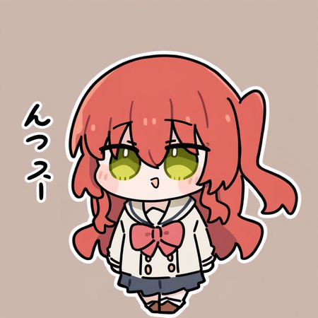 chibi,solo,1girl,kita ikuyo,bocchi the rock!,bangs,red hair,long hair,hair between eyes,green eyes,one side up,bow,red bow,
<lora:Oldstore_noob_4:1>,