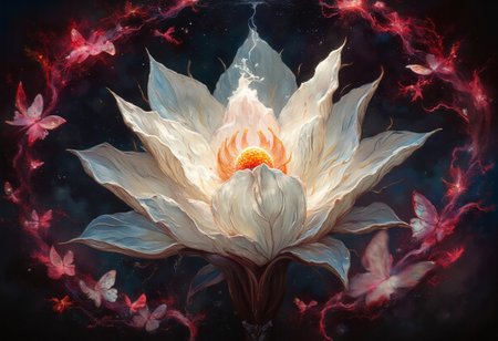 ArsMJStyle, impressionism, Ukiyo-e, A surreal and painterly composition featuring **radiant white flowers** and **dark ethereal butterflies** against a pitch-black background. The flowers exude a sense of purity and holiness. The petals are stained with crimson blood. The butterflies pulse with an otherworldly light, and their wings are traced with intricate patterns.
The atmosphere is enhanced by a dreamy **bokeh effect** that scatters soft glimmers of gold and crimson throughout the composition, creating depth and a sense of quiet wonder. The interplay of **rich white highlights and deep black shadows** evokes an enchanting, almost mystical ambiance. Subtle sparks float in the air, adding a dynamic, surreal quality to the scene.
The overall aesthetic is vivid yet balanced, emphasizing the **contrast between the glowing warmth of the flowers and harshness of the butterflies**. Rendered in **8K ultra-detail**, the textures are hyper-realistic, while the colors glow with an intense vibrancy, embodying an elegant harmony of surreal beauty and luxurious simplicity.