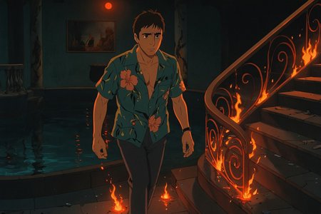 cinematic still, Tony Montana, descending a grand staircase in an open floral shirt, each step leaving embers, medium shot, three-quarter angle, setting: sunken pool office with black water and flaming stair rail, mood of sudden dread and shattered serenity, underlighting from pool glow and overhead red spot, color theme of pool teal, lava orange, and graphite, style reference 1980s Studio Ghibli–inspired Japanese animation still

