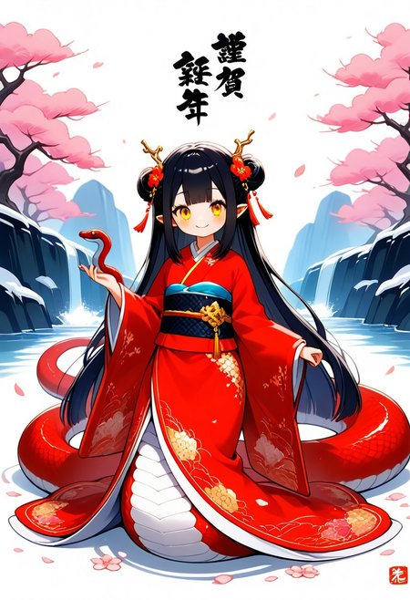 masterpiece, ultra-detailed, best quality, 8K, illustration, absolutely eye-catching, 1girl, solo, sn4ke, snake girl, lamia, cute girl, BREAK cute, teenage, pointed ears, smile, highly detailed beautiful face and eyes, long hair, hair ornament, kimono, snake tail, kawaii, happy, joyfull, cute expression, coiled snake body, A big mountain with a waterfall and a beautiful sakura tree in the background, pink petals floating around, detailed, sinoink, chinese ink style, flat colors, pastel colors