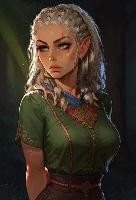 standing pose, legs, (hands behind back:1.4), (blue shirt neckline:1.4) BREAK (solo:1.5), (jaheira:1.2), (pretty:1.2), (blonde), (braided hair), (hazel eyes:1.3), (old face:1.1), (freckles and age spots:1.1), (freckles and age spots), (scratch scar on face), (brown leather laced pants), (green top:1.5), (greying hair), (mature aging face:1.2), (60 years old:1.1), (pretty and old:1.1), (blonde and grey hair), 
BREAK
(sunny grove:1.2), (open forest grove:1.2), (trees, grass, sky:1.1), (sunrays:1.3), 