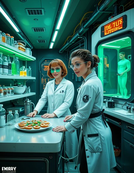 "A hyperrealistic scene of Gordon Freeman in his HEV suit eating lasagna at a retro 90s kitchen table, surrounded by domesticated headcrabs acting like pets, a Vortigaunt washing dishes in an apron, cinematic lighting, absurdity meets realism, surreal textures, intricate kitchen details, nostalgic yet eerie ambiance." looking at viewer,A (woman scientist:1.3),short brown hair, standing confidently in front of a futuristic laboratory,futuristic l4b0r4t0ry, filled with advanced technology and glowing screens. She is wearing a sleek, high-tech lab coat with metallic accents Her posture is upright,gesturing towards a large containment chamber with the other. Inside the chamber, faint outlines of humanoid figures are visible, suggesting the development of super soldiers. The laboratory is illuminated by soft neon lights in shades of blue and green, with detailed machinery, robotic arms, and vials of glowing substances scattered across workstations. The atmosphere is futuristic, clean, and high-tech, with a sense of intense innovation and ambition.<lora:SDXLFaeTastic2400:0.4> <lora:extremely_detailed:0.4> extremely detailed <lora:futuristic_l4b0r4t0ry:1>, Masterpiece,best quality,hi res,8k,hi res,8k,award winning,(sharp focus, intricate, highly detailed),