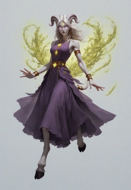 (absurdres, highres, best quality, masterpiece:1.4), 
score_9, score_8_up, score_7_up, score_6_up, 
detailed, 
detailed body, 
detailed face, 

(culDraenei, 
female, 
purple eyes, 
no sclera, 
no pupils, 
athletic, 
tall, 
slim, 
pale skin,
grey skin, 
long ears),

loose long purple dress,  
yellow pendant, 
sleeveless, 
magical spell, green aura, 

cheerful, 
(((full body))), 
posing, 
floating, 

(((white background, plain background))), 
(((no objects in background)))