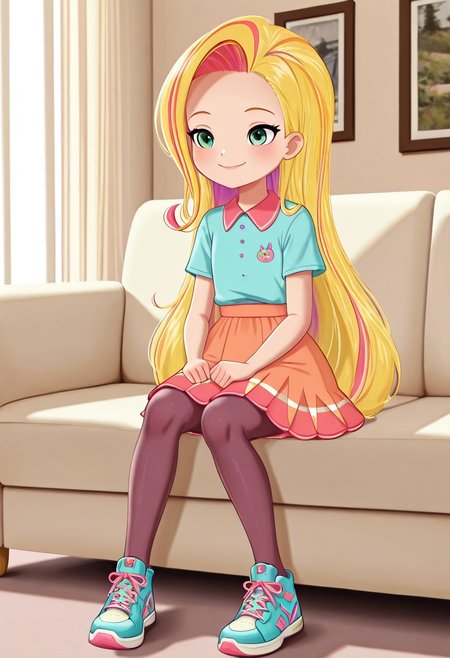 masterpiece, best quality, solo, su_sd, 1girl, long hair, blonde hair, multicolored hair, streaked hair, green eyes, shirt, skirt, pantyhose, sneakers, smile, indoors, sitting, sofa, fullbody, natural lighting,