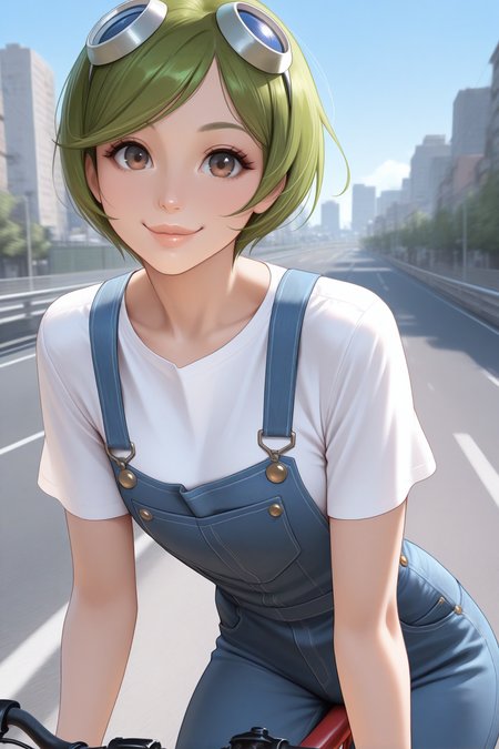 masterpiece, best quality, 1girl, solo <lora:kunamashiro-illu-nvwls-v1:1> knmshir, green hair, short hair, brown eyes, lips, blue goggles on head, white shirt, short sleeves, denim, blue overalls, riding bicycle, looking at viewer, smile, blue sky, road, cityscape