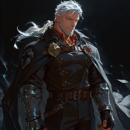 <lora:Ren__Alchemist_Code-000005:.7>, tagatameren, ren_white hair, ren_grey eyes, 1boy, ponytail, solo, male focus, manly, bara, muscle body, mature male, belt, emblem, cape, coat, collared shirt, fingerless gloves, pants, boots, armored gloves
{upper body|cowboy shot}, 
(very short hair), male focus, muscular male, large pectorals, muscular male, bara, mature, (hairy body, hairy, body hair, arm hair, leg hair, hairy body, glossy skin, bara, mature, facial hair, beard, full beard, sideburn, mustache, stubble), facial hair, bara, mature, body hair, aixiwuganda_(20222192), very awa, masterpiece, best quality, absurdres, newest, perfect quality, detailed background, intricate details,<lora:slider_Body Type_alpha1.0_rank4_noxattn_last:2><lora:Anime Summer Days 2 Style SDXL_LoRA_Pony Diffusion V6 XL:.6><lora:merged:.7>, DARK, DARK BACKGROUND, LOW-KEY LIGHTING <lora:slider_cfg_scale_boost:.7><lora:Artist6p:.55>, Artist6p, Artist04p,<lora:slider_il_brightness_slider_d1:-.5><lora:slider_il_contrast_slider_d1:-.25>,<lora:slider_contract_controller_illus01_v1:.3>, <lora:addon_illustriousXLv01_stabilizer_v1.121:.5>,<lora:slider_DarkSlider1.2_alpha1.0_rank16_full_300steps:-.2><lora:Heavenly_Beauty_r1:1>, (heavenlybeauty,)<lora:slider_style_strength_controller_illus01_v1:.25>