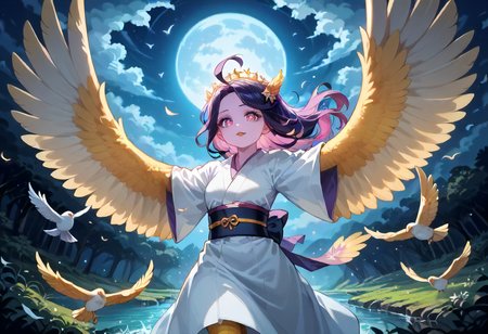 best resolution,score_9,score_8_up,score_7_up,score_6_up,score_8,score_7,score_6,best quality,masterpiece,source_anime,1girl,solo,kawaii,cute,winged_arms,A majestic harpy with dark feathers and glowing red eyes,wearing black japanese kimono,flying soaring through a stormy night sky.moonlight, starlight, firelight,wise,moonlit night sky,wind,cowboy shot,focus on face,dynamic shot, Expressiveh,eyesHD,high gradient eyes,detailed eyes,high definition eyes, <lora:Eyes_High_Definition:0.25> <lora:Expressive_H:0.75> <lora:winged_arm_style:0.85>