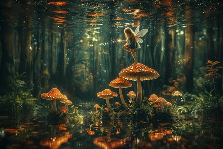 Close up photo of a ((earth fairy)) gliding over mushroom, reflections in the water, night scene. In the style of double exposure, Art Nouveau, long exposure, layered lines, chiaroscuro, absurdres, Long_Exposure ral-exposure, <lora:ral-exposure-sdxl:0.700000>